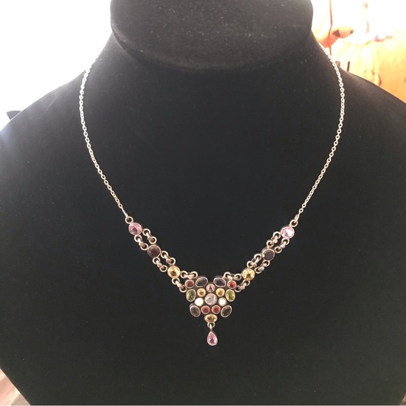 Multi Gemstone Silver Sari Bib Necklace - Picture 10 of 11